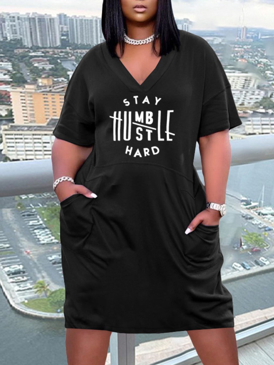 

Lovely Casual V Neck Letter Print Black Knee Length Dress