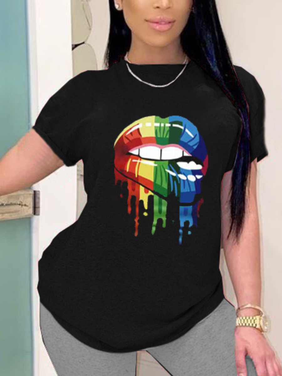 

Lovely Casual O Neck Lip Print Black T-shirt