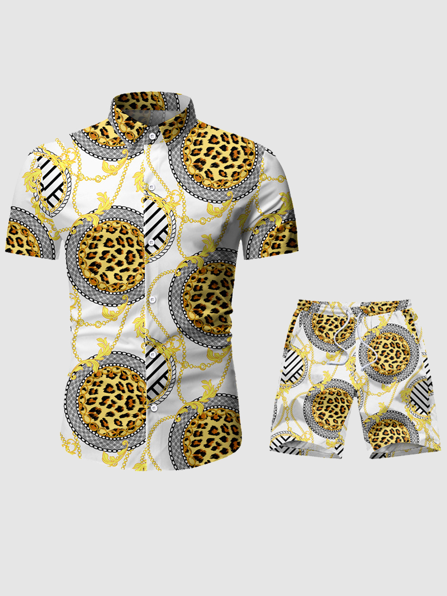 

Lovely Men Boho Chain Print Drawstring Pure White Two Piece Shorts Set