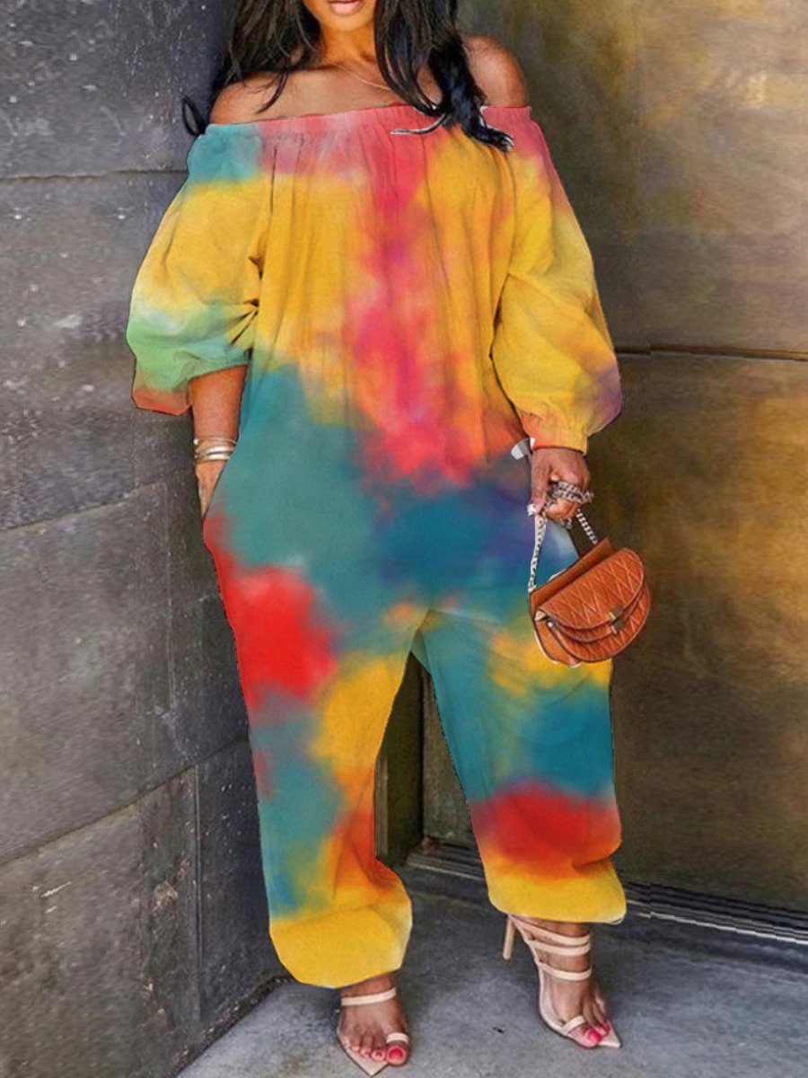 

Lovely Plus Size Street Off The Shoulder Tie-dye Green One-piece Jumpsuit