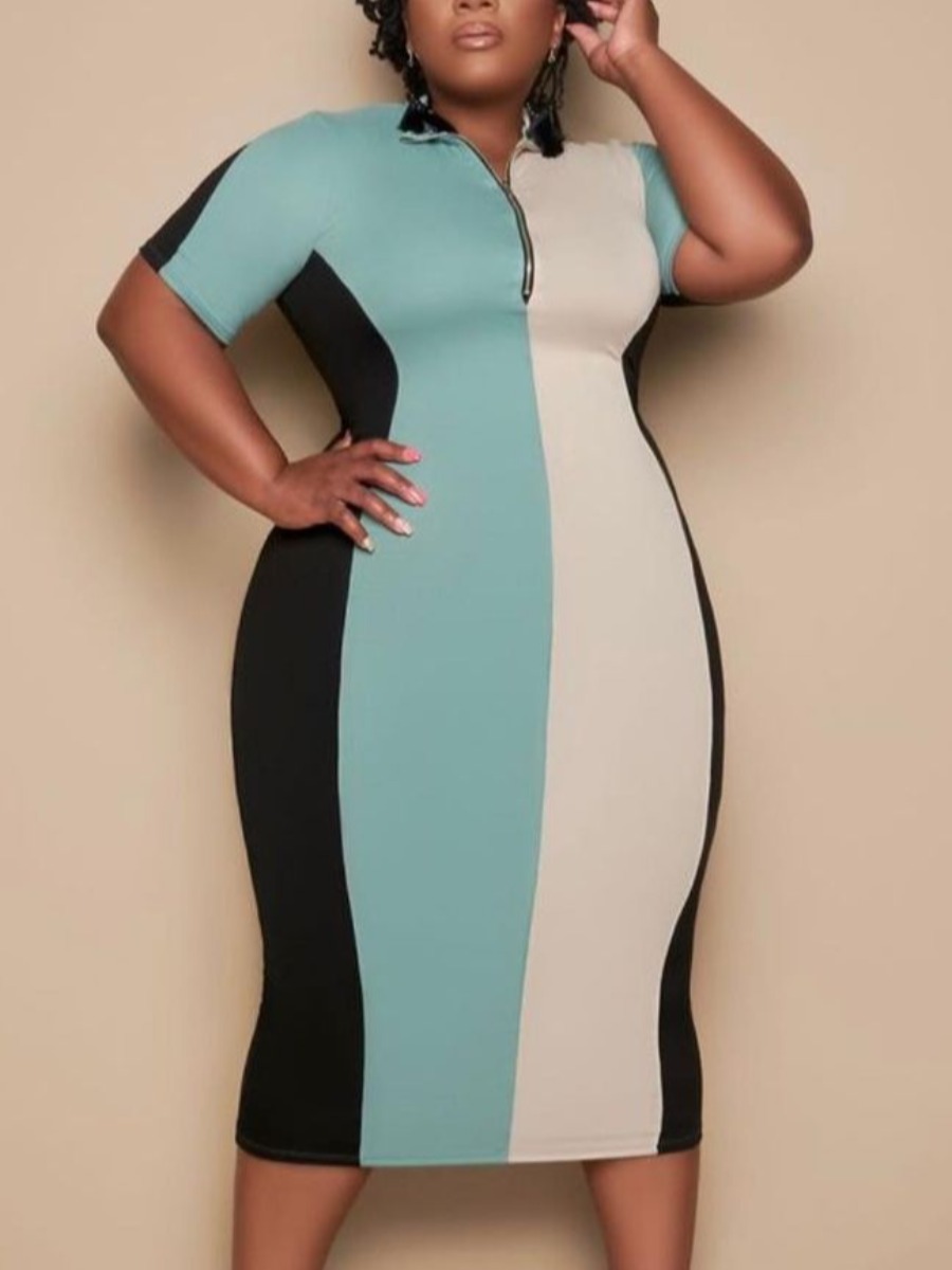

Lovely Plus Size Street Striped Patchwork Baby Blue Knee Length Dress
