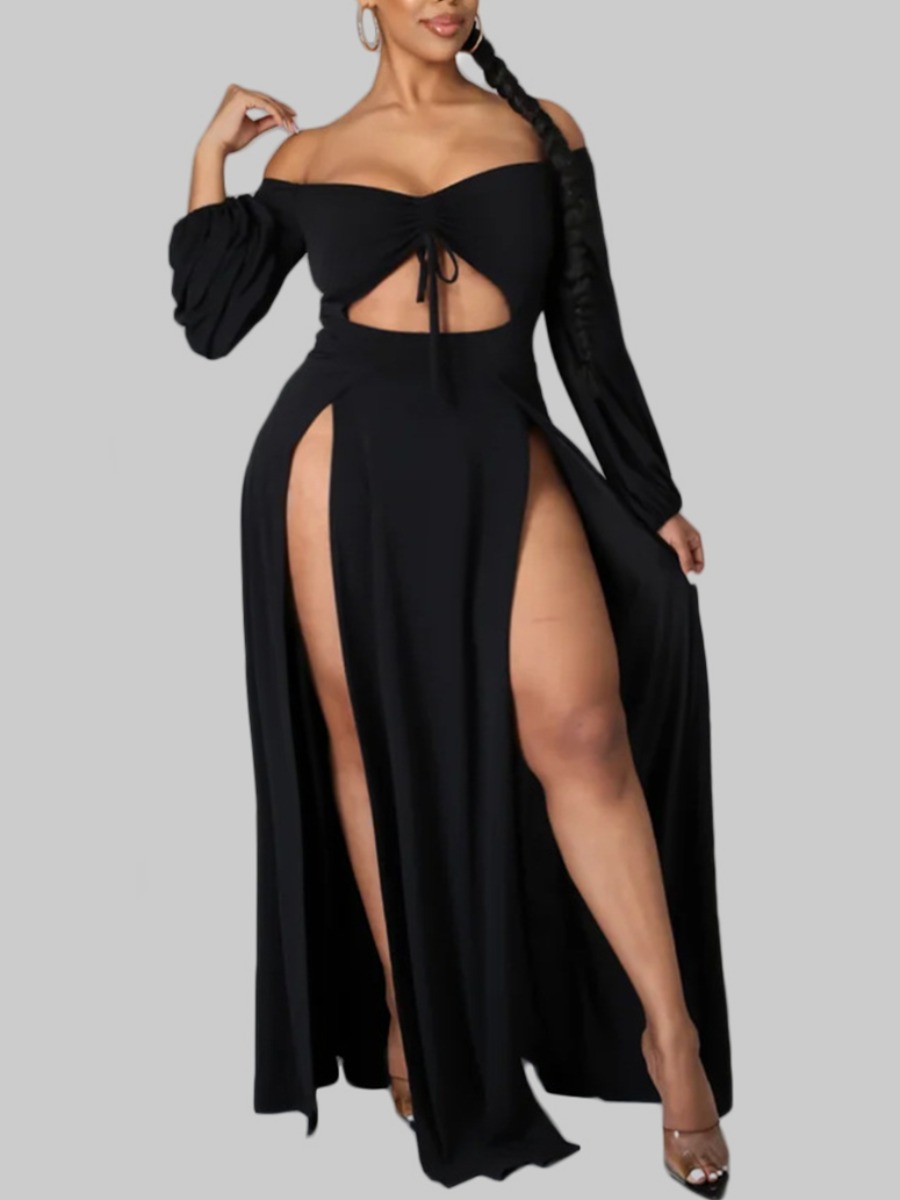 

LW Plus Size Boho Hollow-out Split Black Ankle Length Dress
