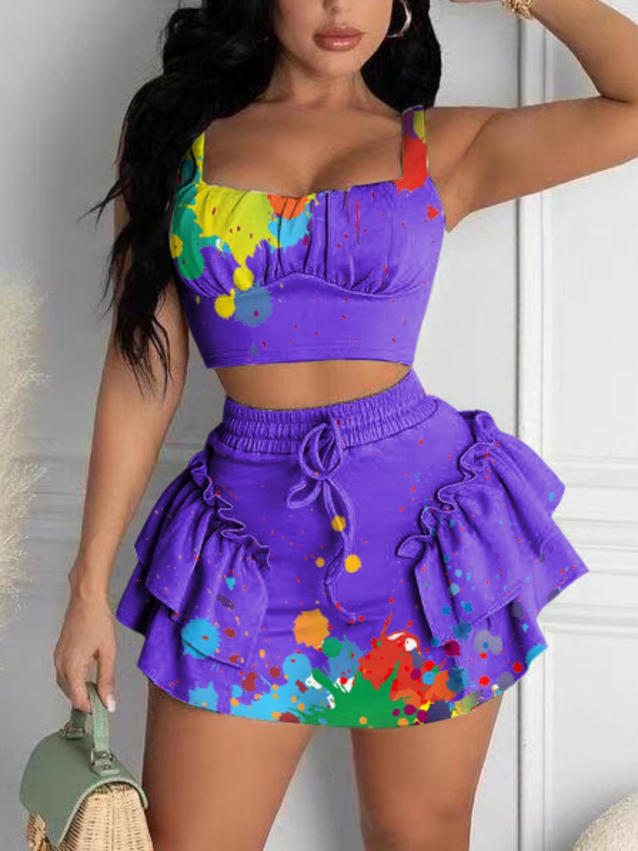

Lovely Street Splash Ink Print Flounce Design Purple Two Piece Skirt Set