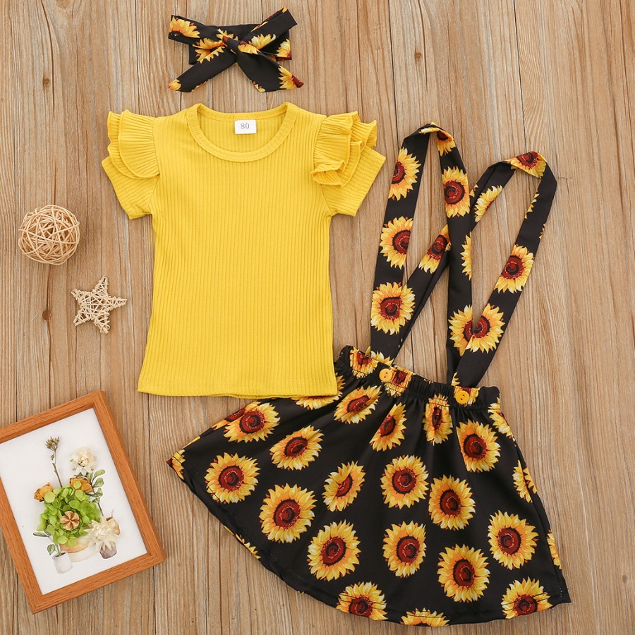 

Lovely Girl Sweet Floral Print Flounce Design Yellow Two Piece Skirt Set