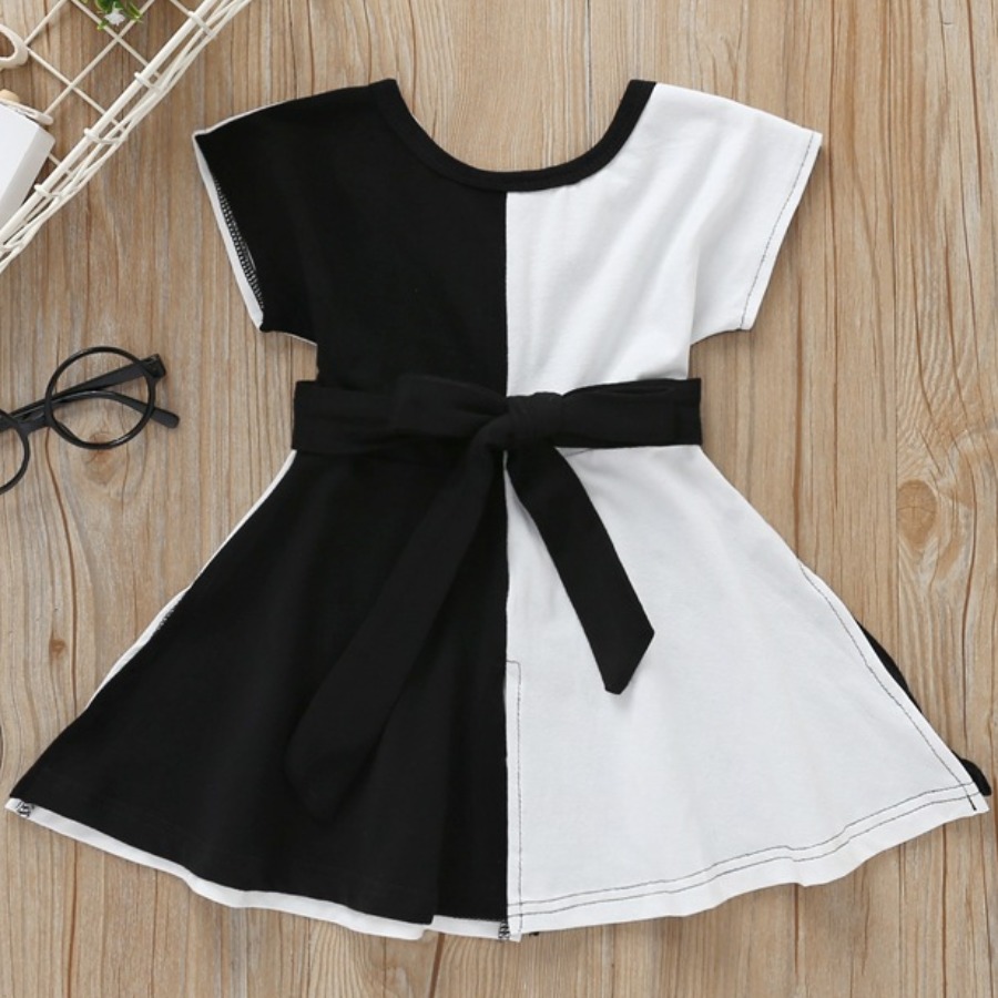 

Lovely Girl Casual Color-lump Bandage Design Black And White Mid Calf Dress