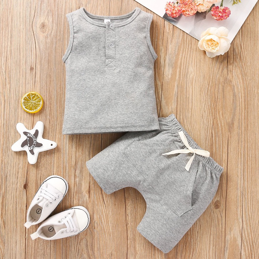 

Lovely Boy Casual Kangaroo Pocket Drawstring Grey Two Piece Shorts Set