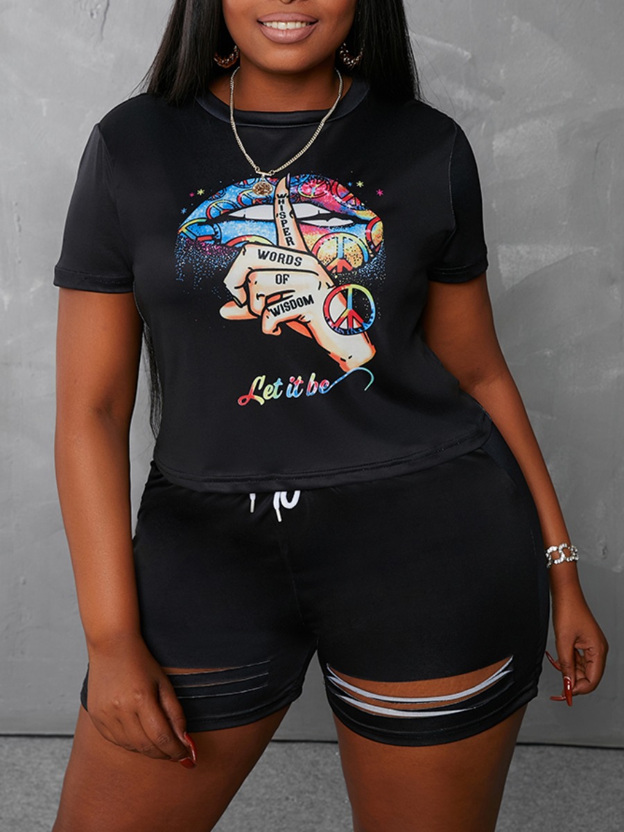 

Lovely Plus Size Street O Neck Lip Print Ripped Black Two-piece Shorts Set
