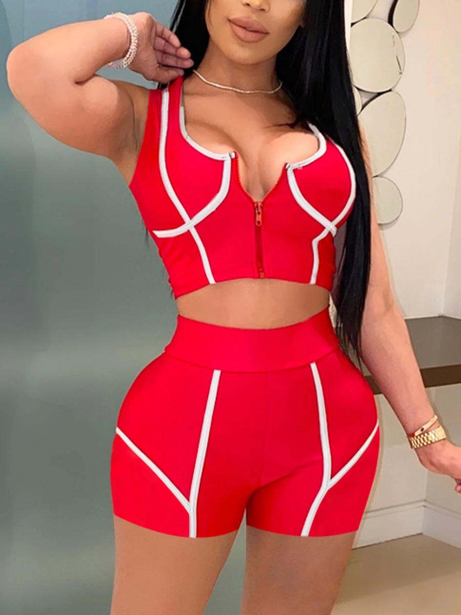 

Lovely Sporty U Neck Striped Red Two Piece Shorts Set