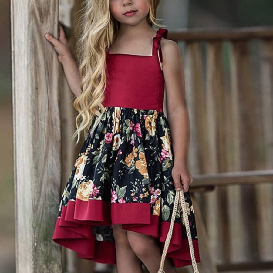 

Lovely Girl Sweet Floral Print Flounce Design Purplish Red Knee Length Dress