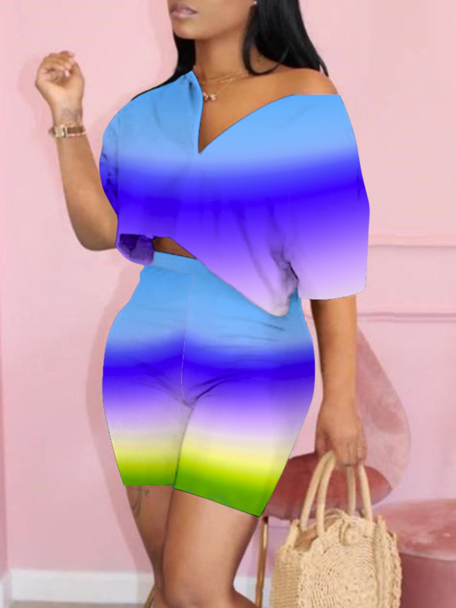 

Lovely Casual V Neck Gradient Blue Two Piece Shorts Set