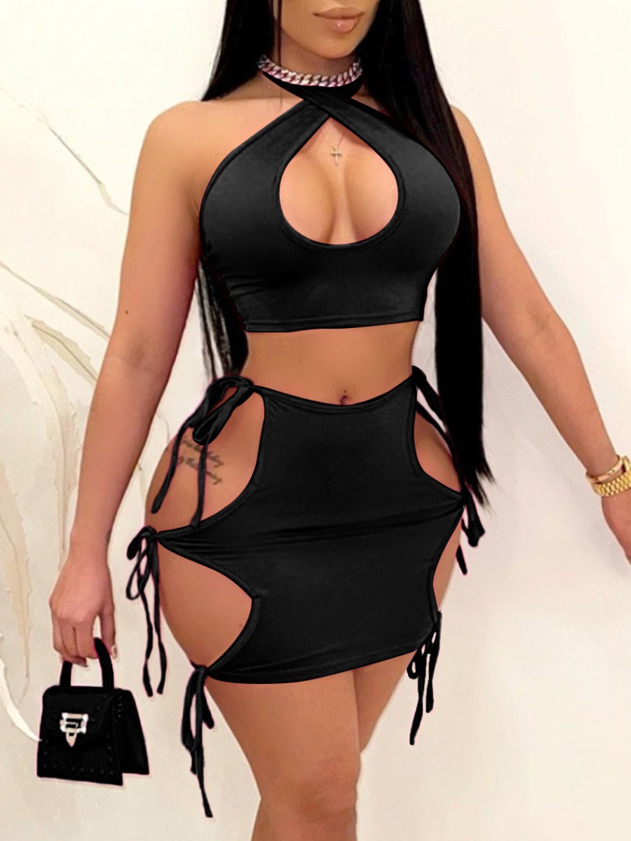 

LW SXY Bandage Hollow-out Design Black Two Piece Skirt Set