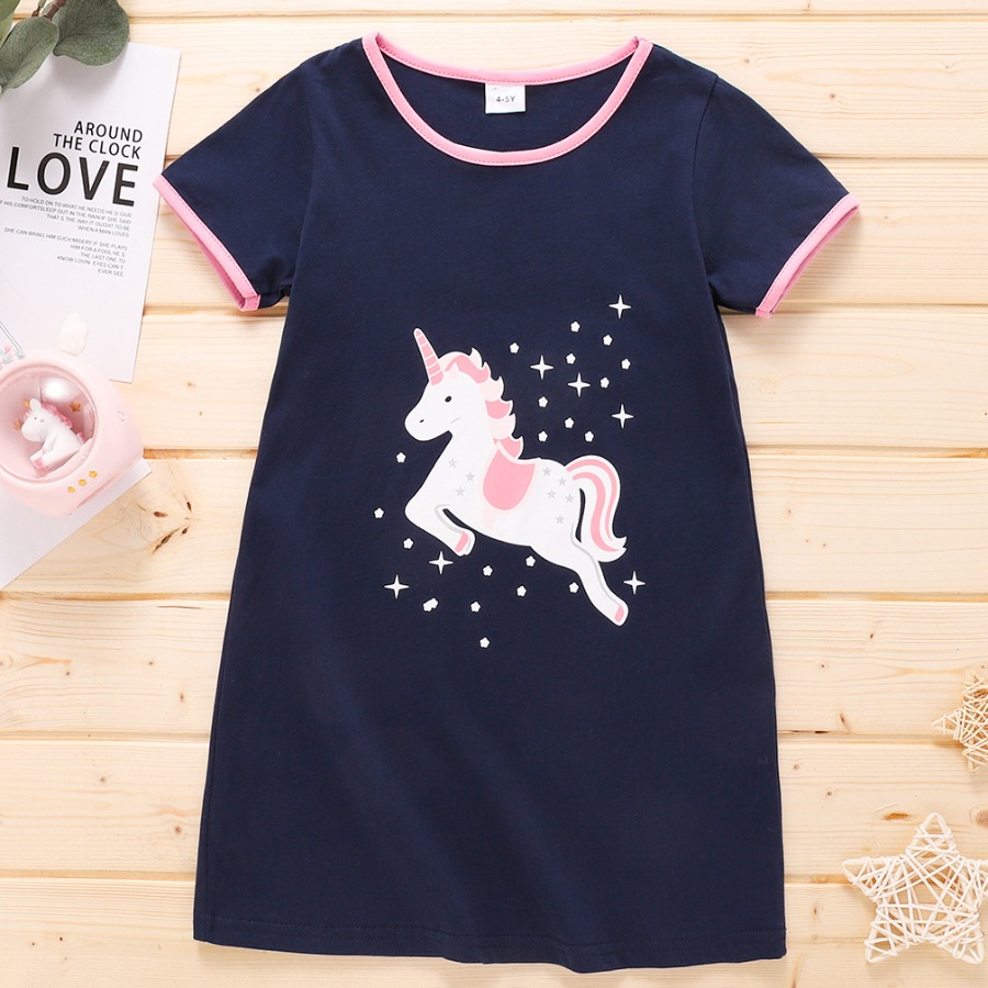 

Lovely Girl Casual O Neck Cartoon Star Print Dark Blue Knee Length Dress