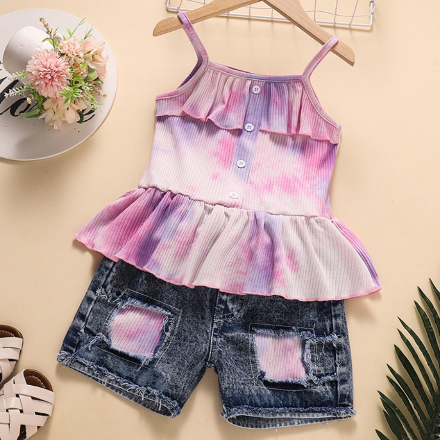 

Lovely Girl Casual Tie Dye Flounce Design Pink Two Piece Shorts Set