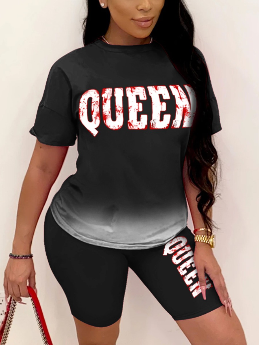 LW Trendy Gradient Letter Print Black Two Piece Shorts Set