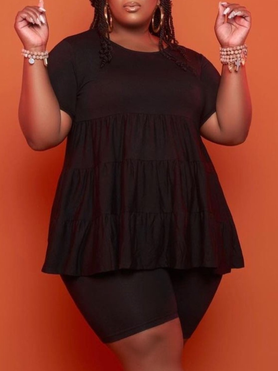 

Lovely Plus Size Casual O Neck Ruffle Design Black Two-piece Shorts Set
