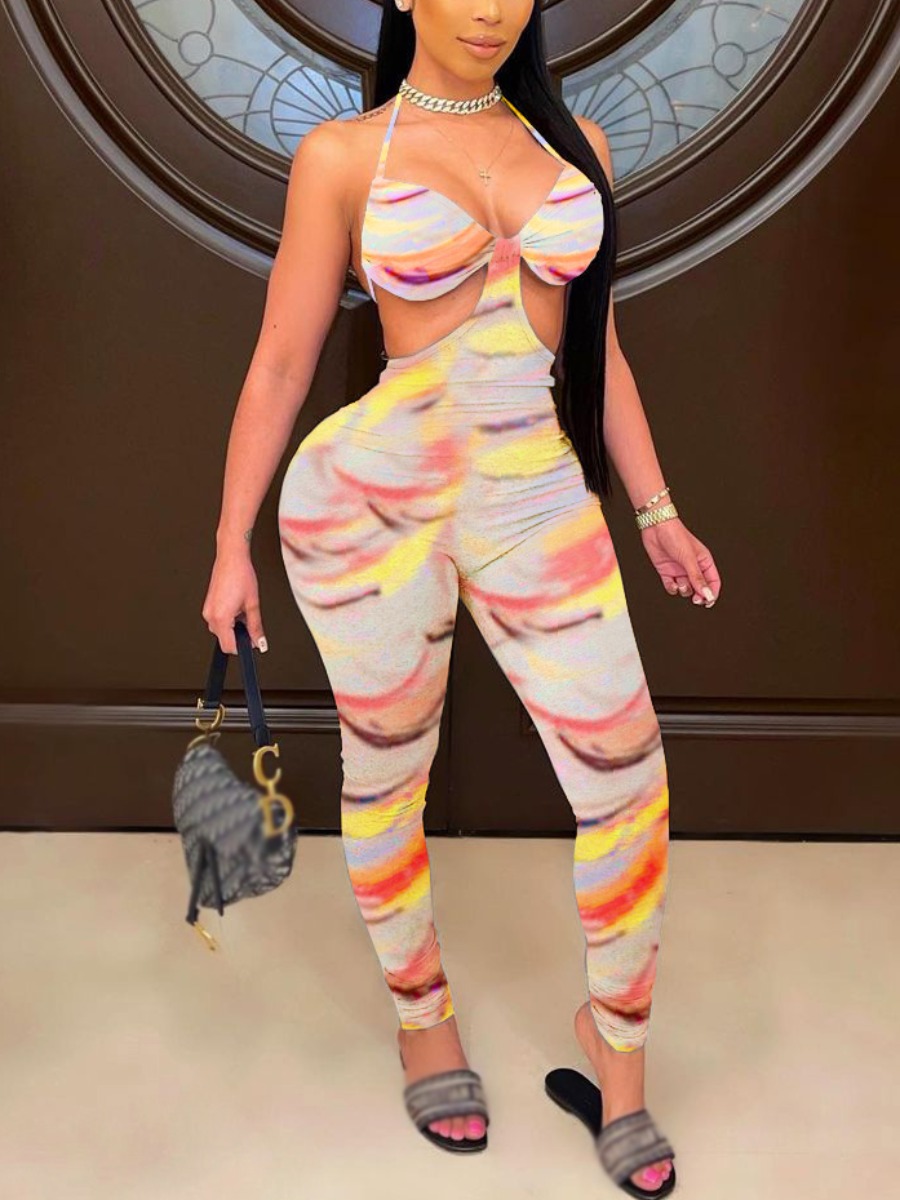 

LW Sexy Backless Print Multicolor One-piece Jumpsuit, Multi