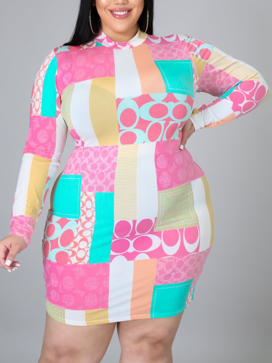 

Lovely Plus Size Casual Geometric Print Patchwork Pink Mini Dress