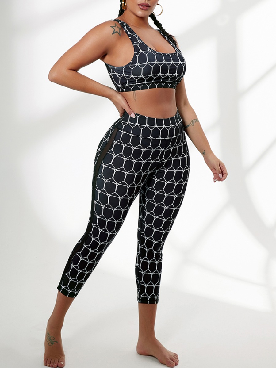 

Lovely Sporty U Neck Geometric Print Black Yoga Two Piece Pants Set