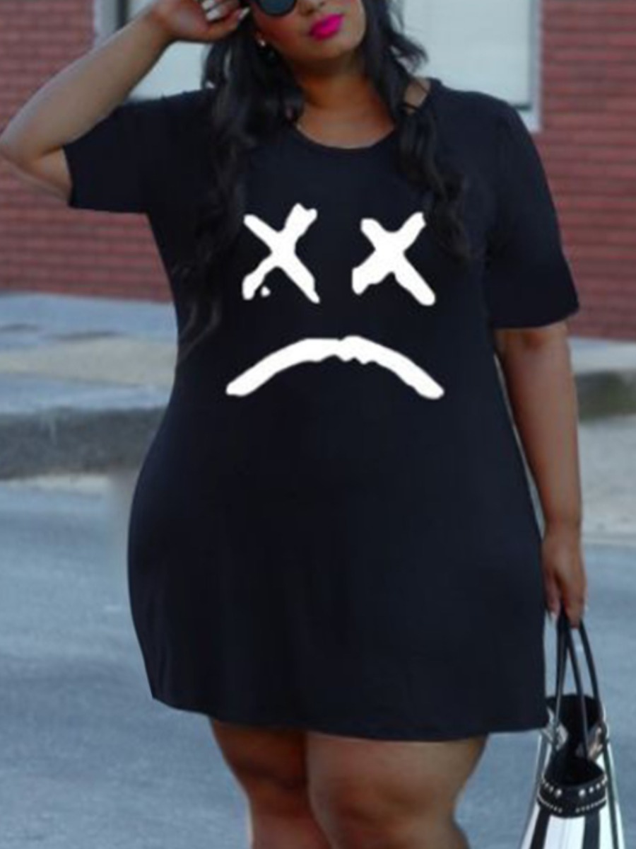 

Lovely Plus Size Casual O Neck Letter Print Black Mini Dress