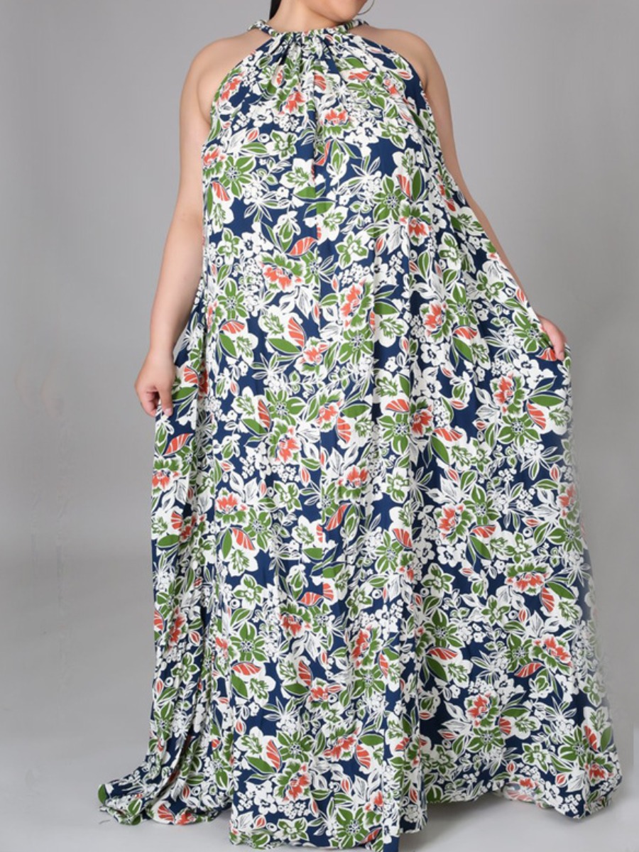 

Lovely Plus Size Boho Floral Print Drawstring Green Trailing A Line Dress