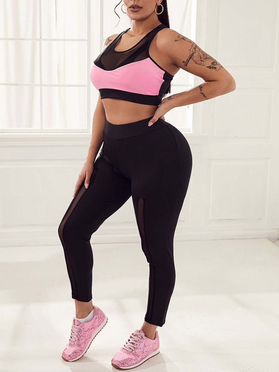 

Lovely Sporty O Neck Color-lump Black Two Piece Pants Set