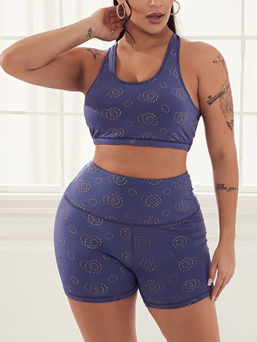

Lovely Sporty U Neck Geometric Print Blue Yoga Two Piece Shorts Set