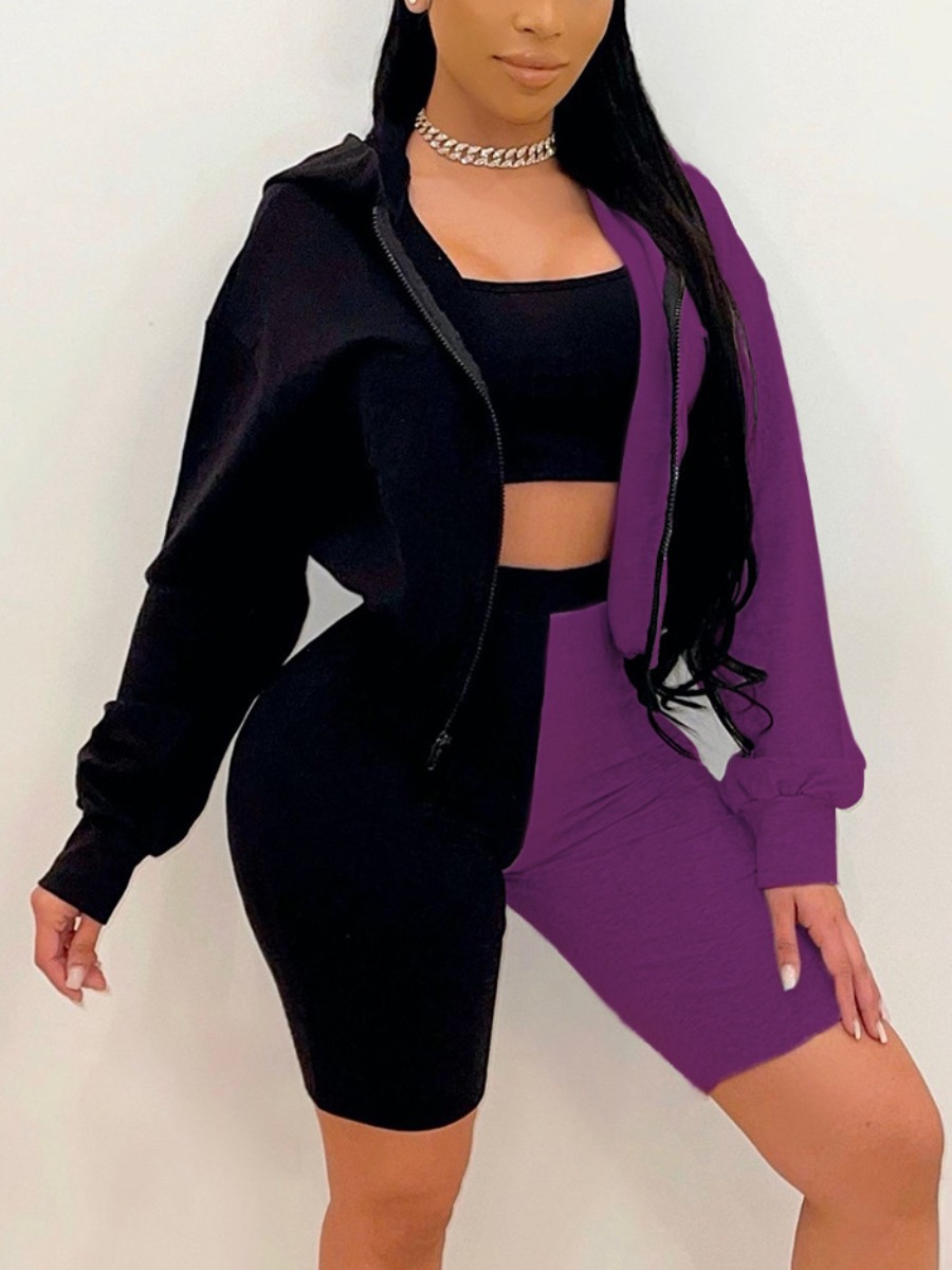 

Lovely Casual Hooded Collar Color-lump Purple Three Piece Shorts Set