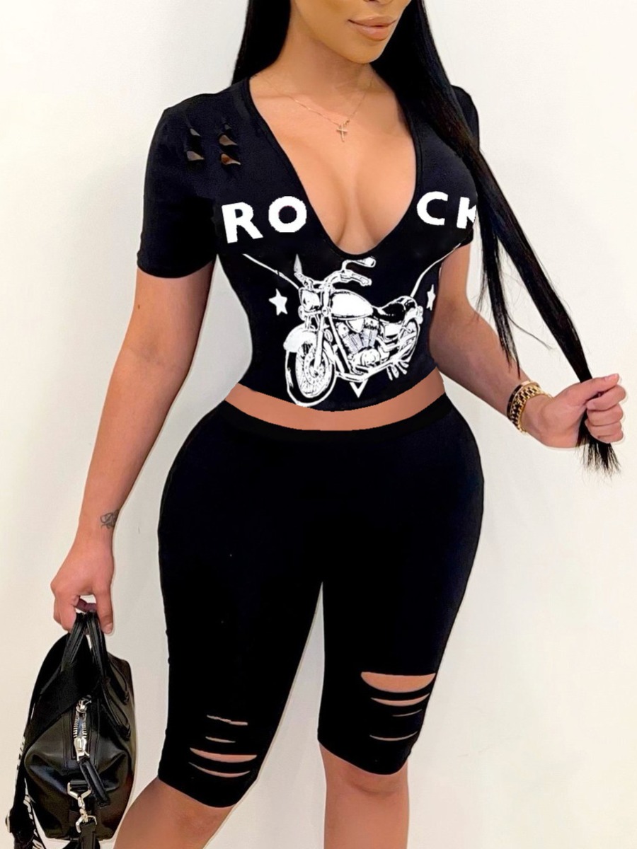 

Lovely Street Letter Print Ripped Black Two Piece Shorts Set