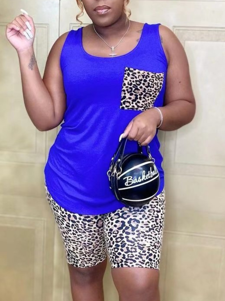 

Lovely Casual U Neck Leopard Print Blue Two Piece Shorts Set