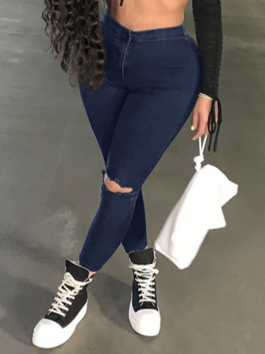 

Lovely Casual Mid Waist Ripped Deep Blue Jeans