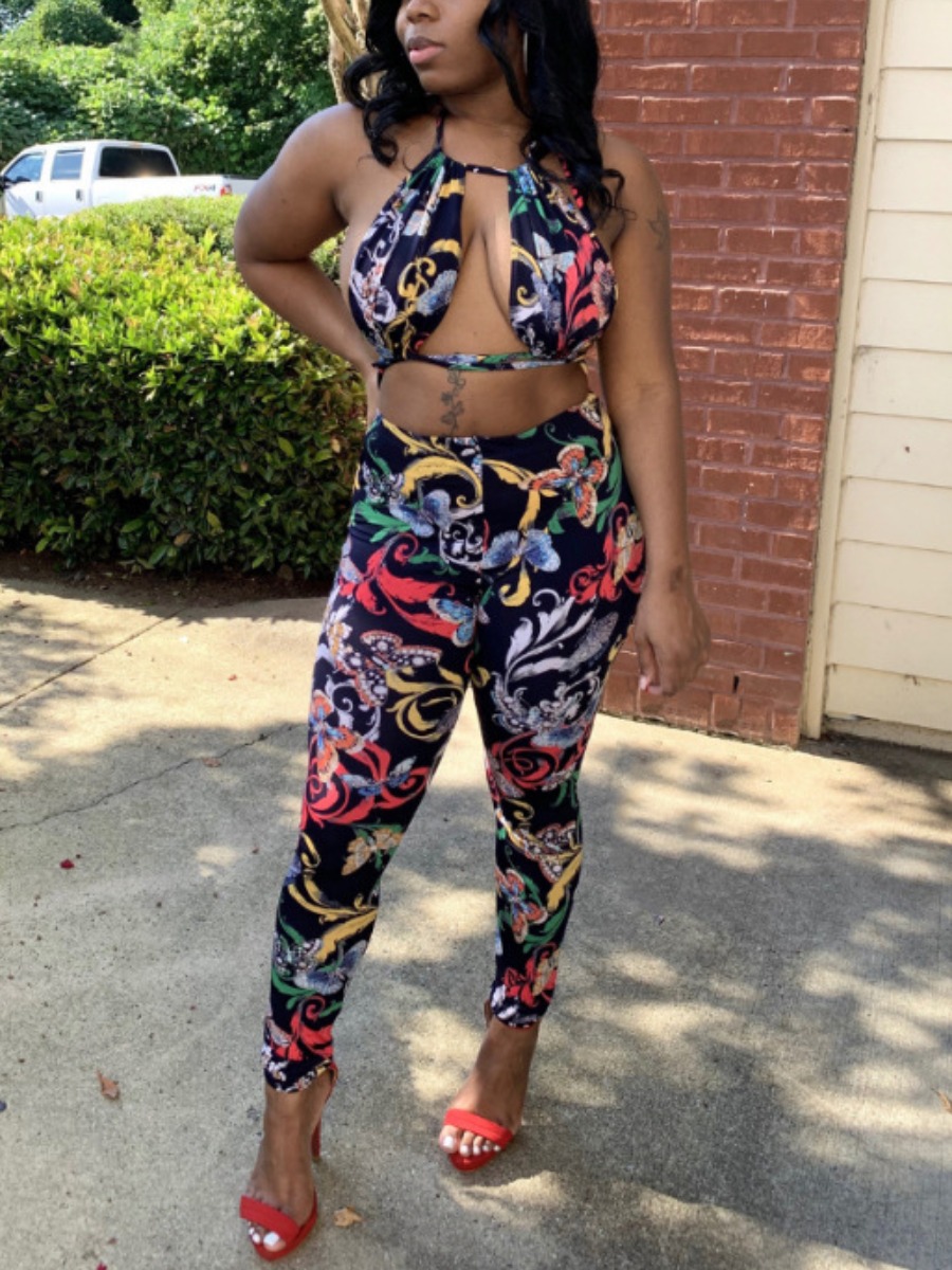 

LW Sexy Backless Floral Print Multicolor Two Piece Pants Set, Multi