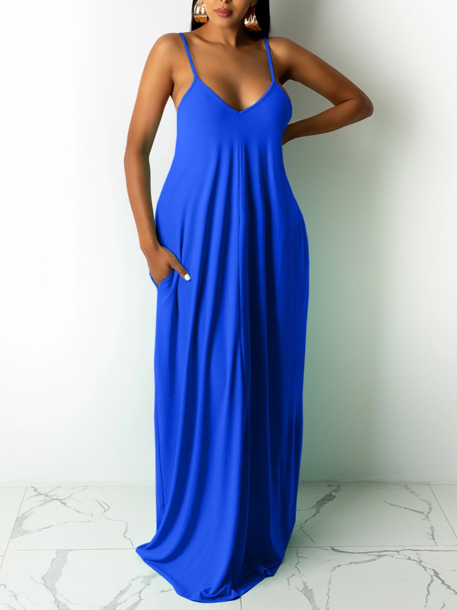 

Lovely Casual V Neck Fold Design Blue Floor Length Dress