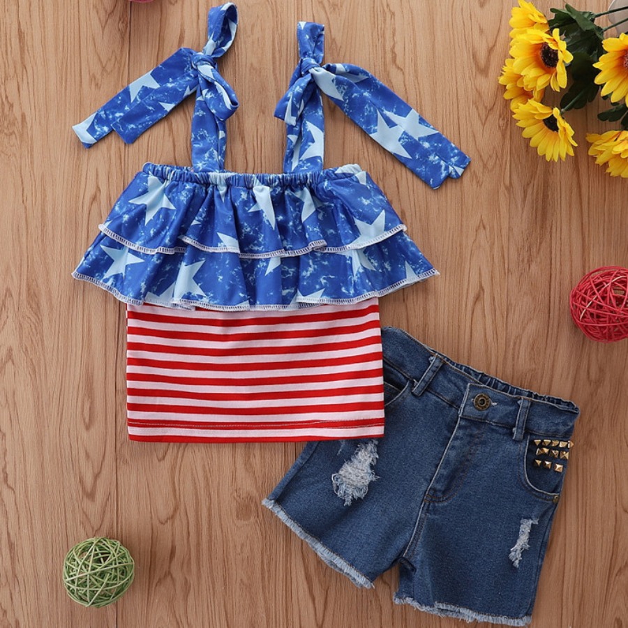 

Lovely Girl Striped Flounce Design Ripped Blue Two Piece Shorts Set