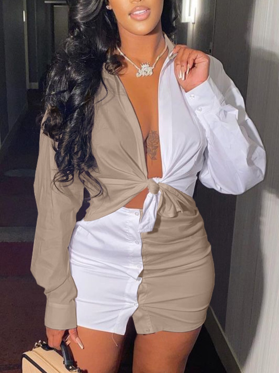 

Lovely Business Color-lump Button Design Khaki Two Piece Skirt Set