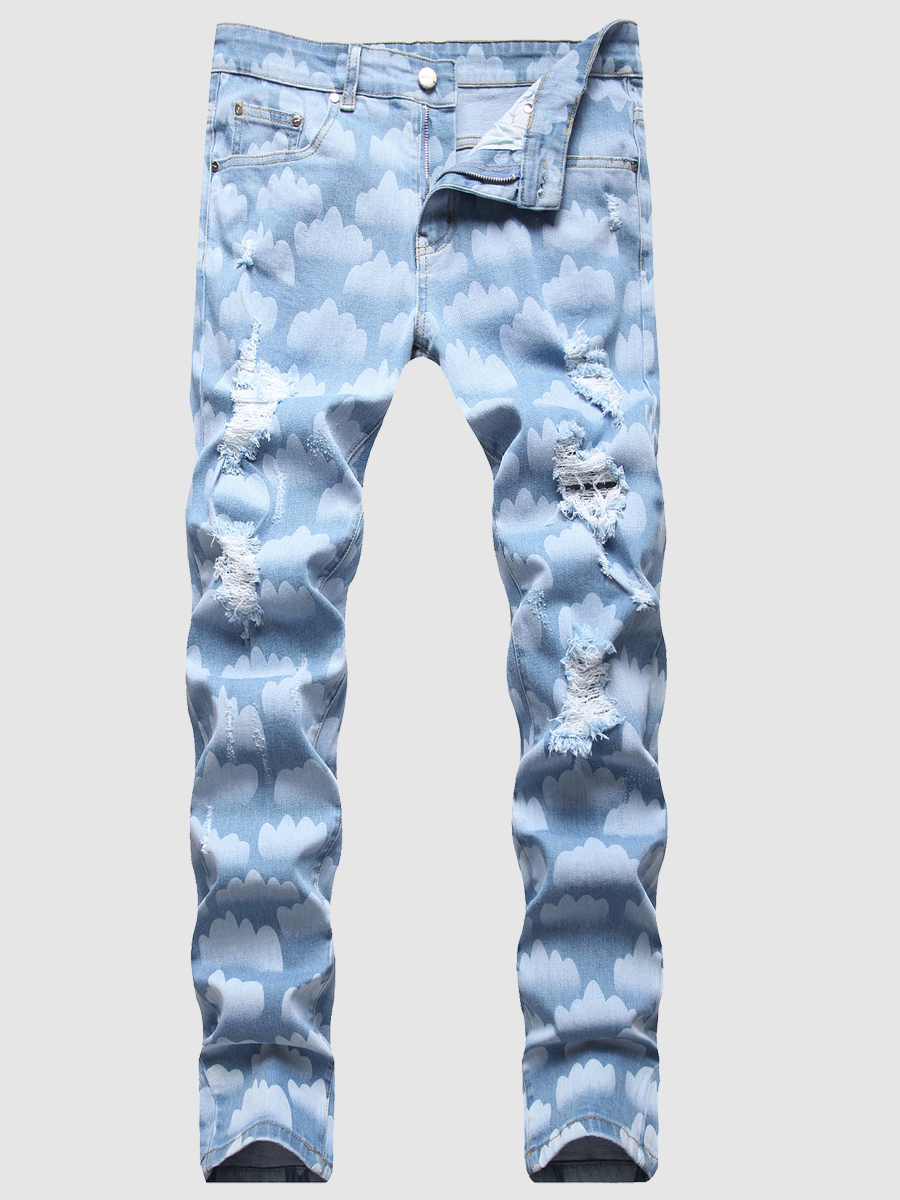 

Lovely Men Street Mid Waist Print Ripped Skyblue Jeans