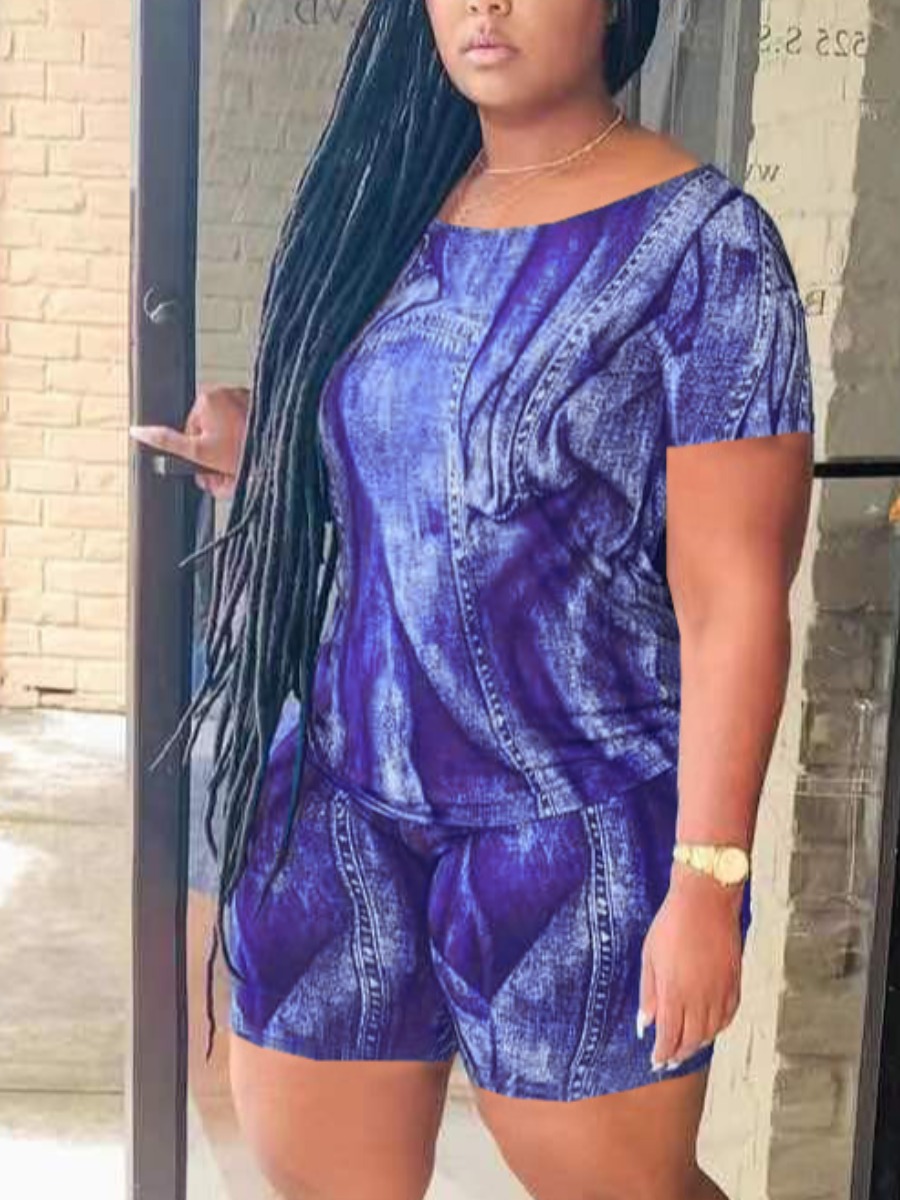 

LW Plus Size Casual O Neck Tie-dye Purple Two-piece Shorts Set