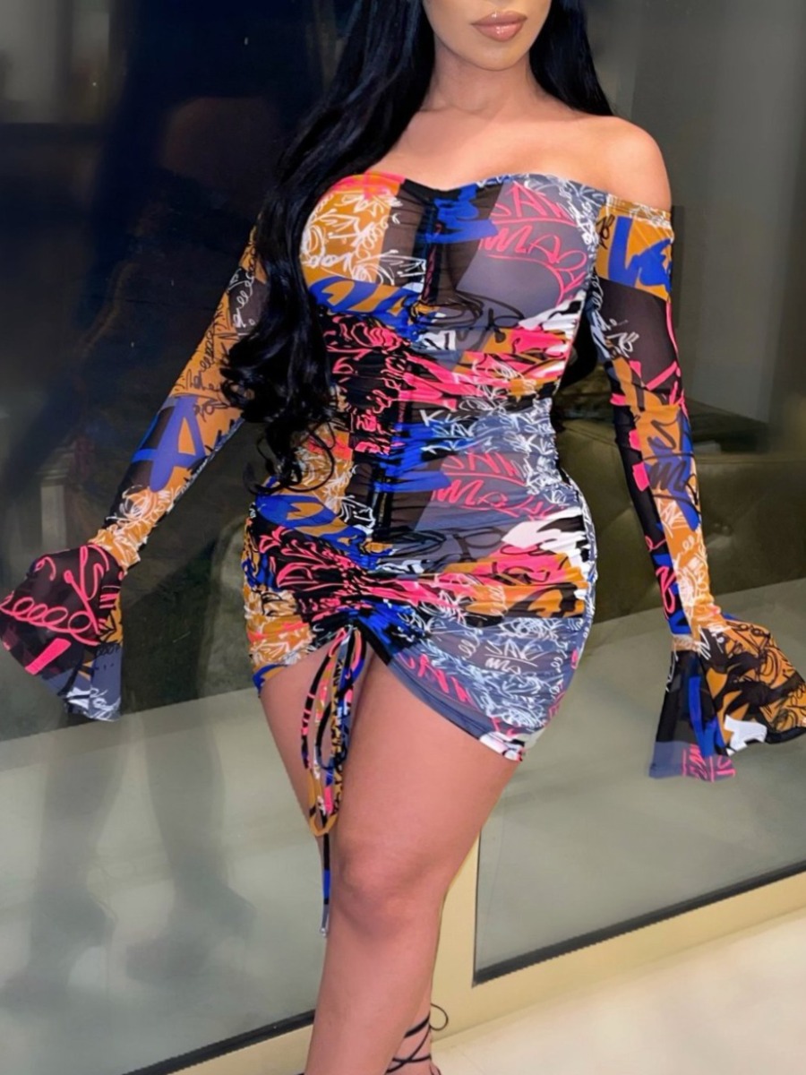 

Lovely Plus Size Sexy Off The Shoulder Flared Drawstring Multicolor Mini Dress, Multi