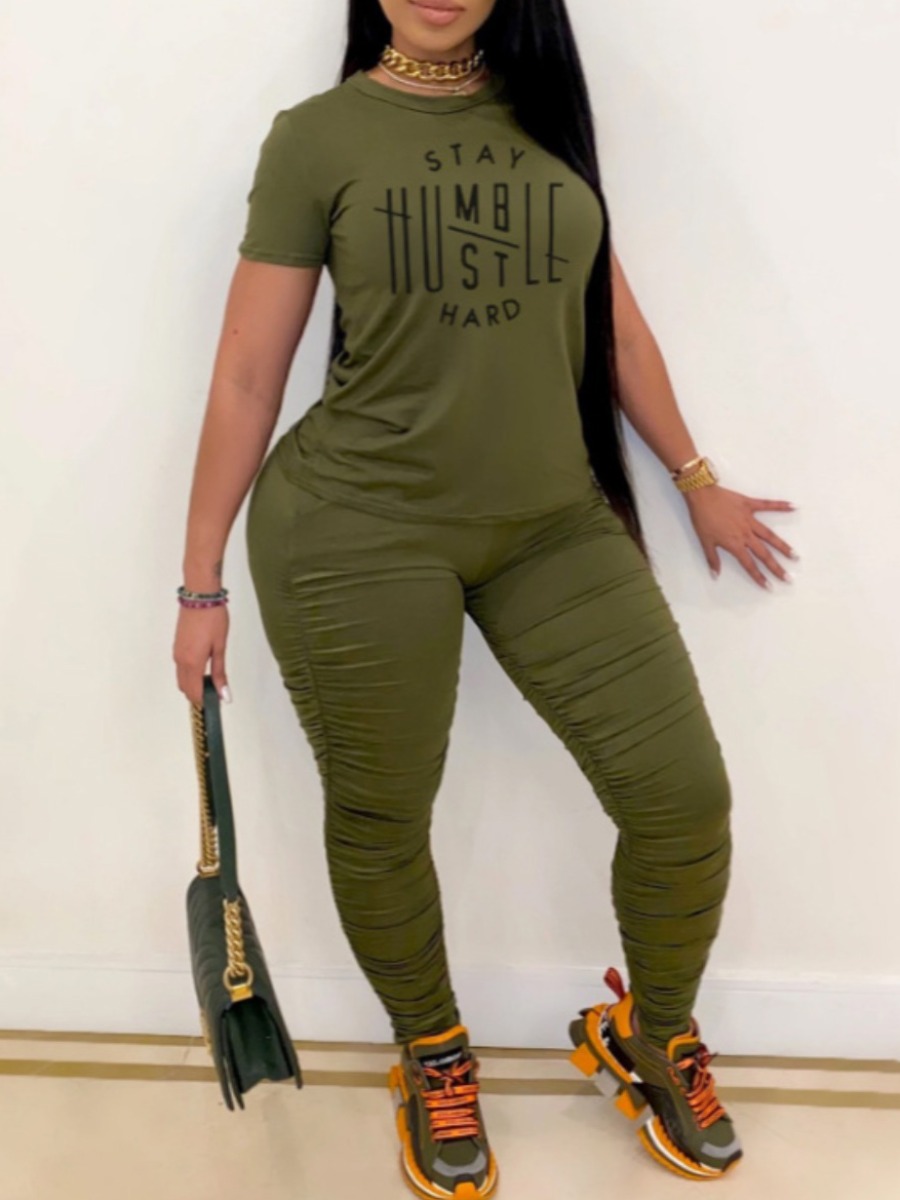 

Lovely Plus Size Street Letter Print Fold Design Army Green Two-piece Pants Set