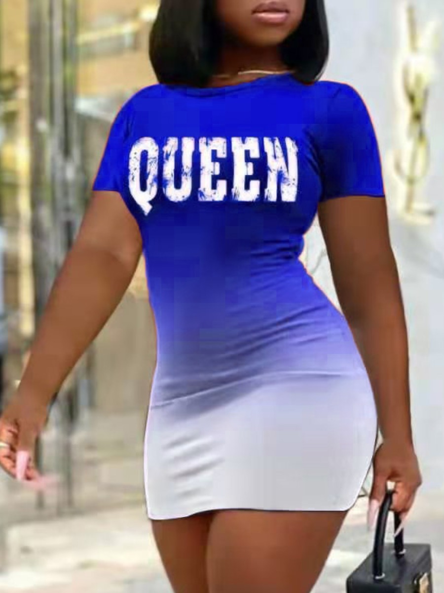 

Lovely Street Gradient Letter Print Blue Mini Dress