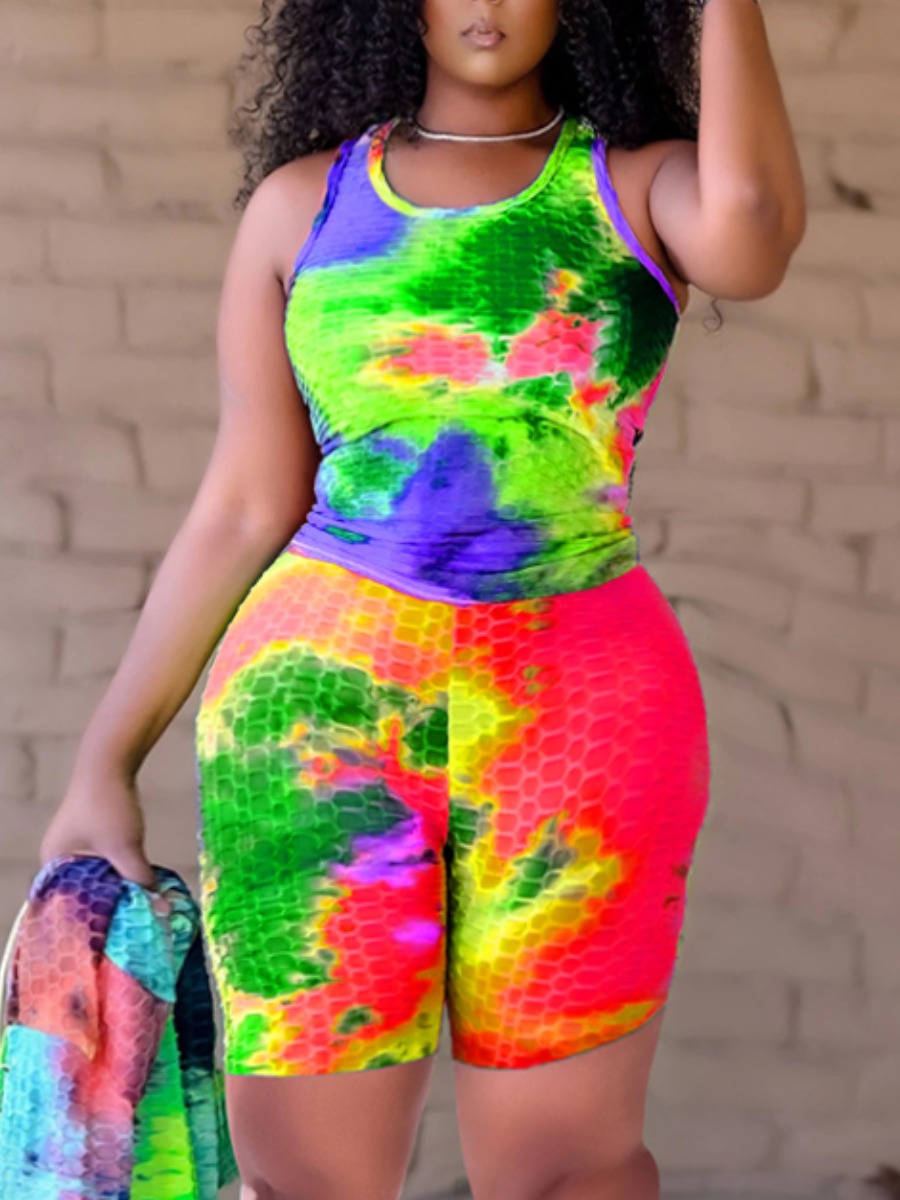 

Lovely Sporty O Neck Tie Dye Red Two Piece Pants Set