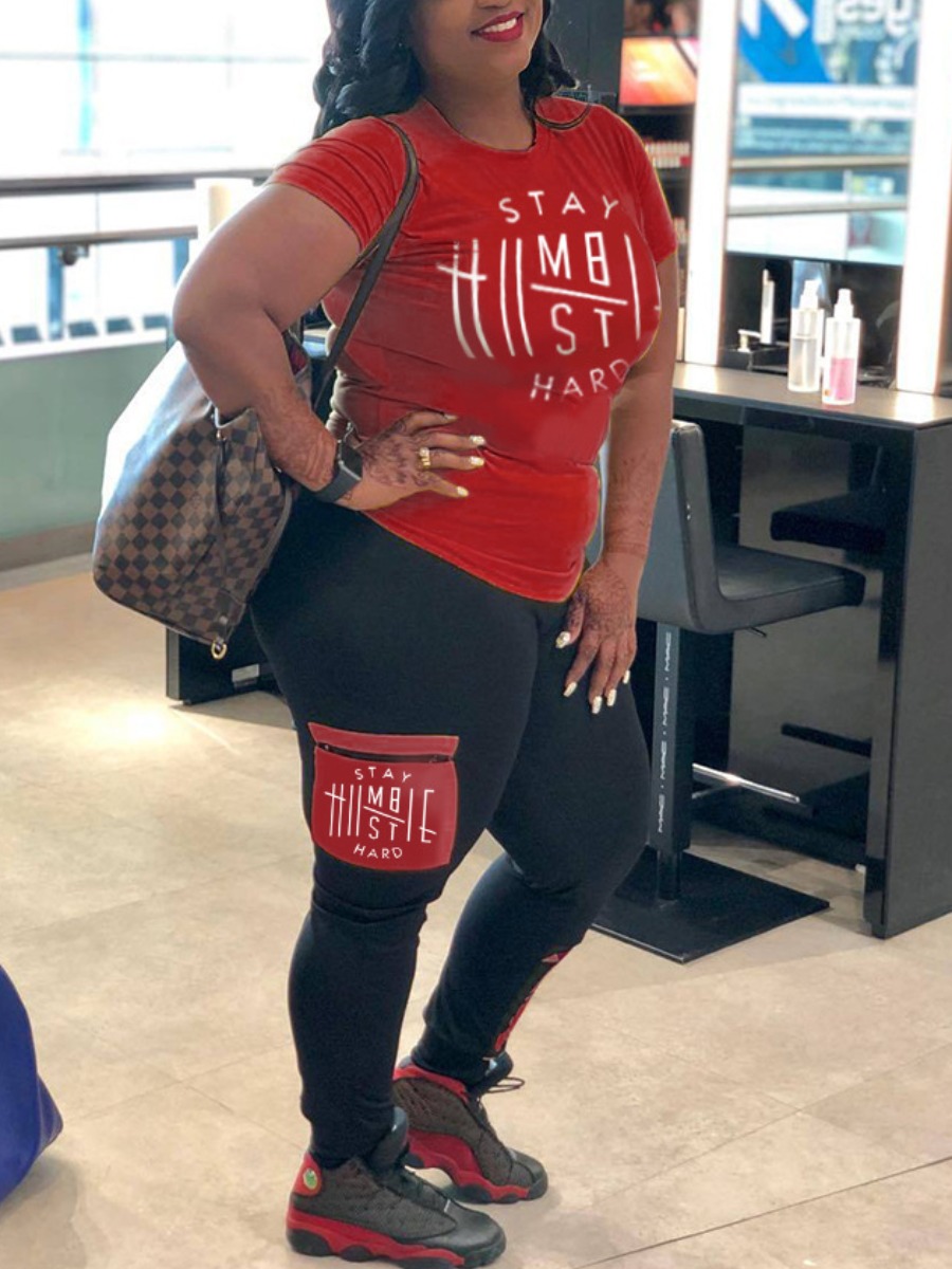 

Lovely Plus Size Casual O Neck Letter Print Red Two-piece Pants Set