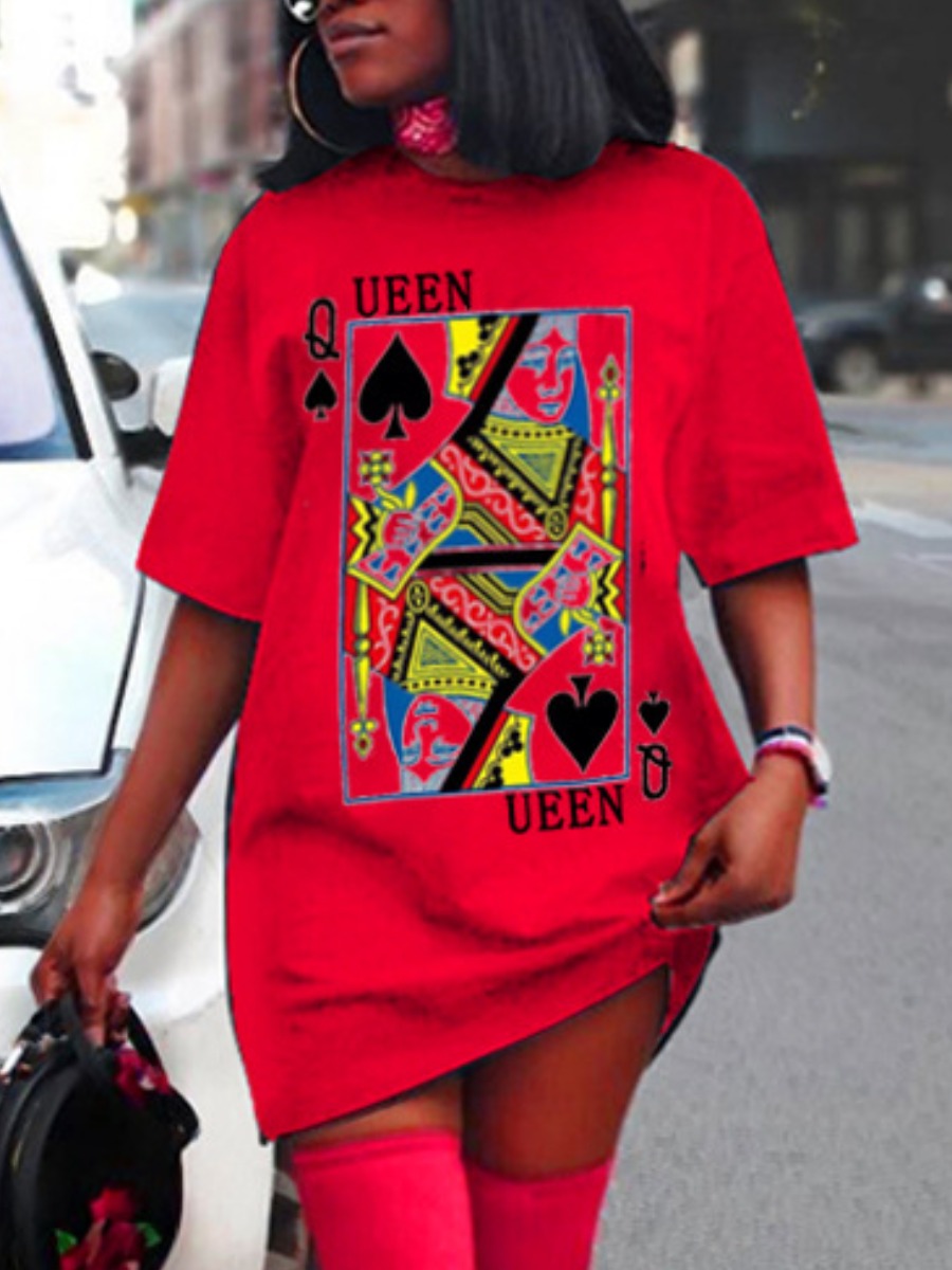 

Lovely Plus Size Street Poker Letter Print Red Mini Dress