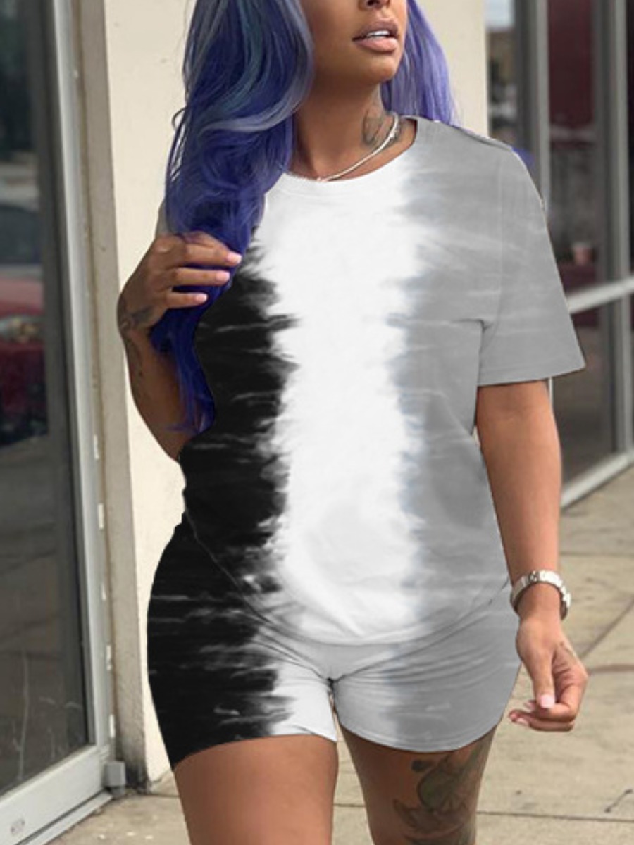 

Lovely Plus Size Casual O Neck Tie-dye Grey Black Two-piece Shorts Set