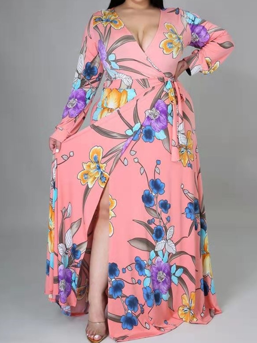 

Lovely Plus Size Boho Floral Print Bandage Design Pink Floor Length Dress