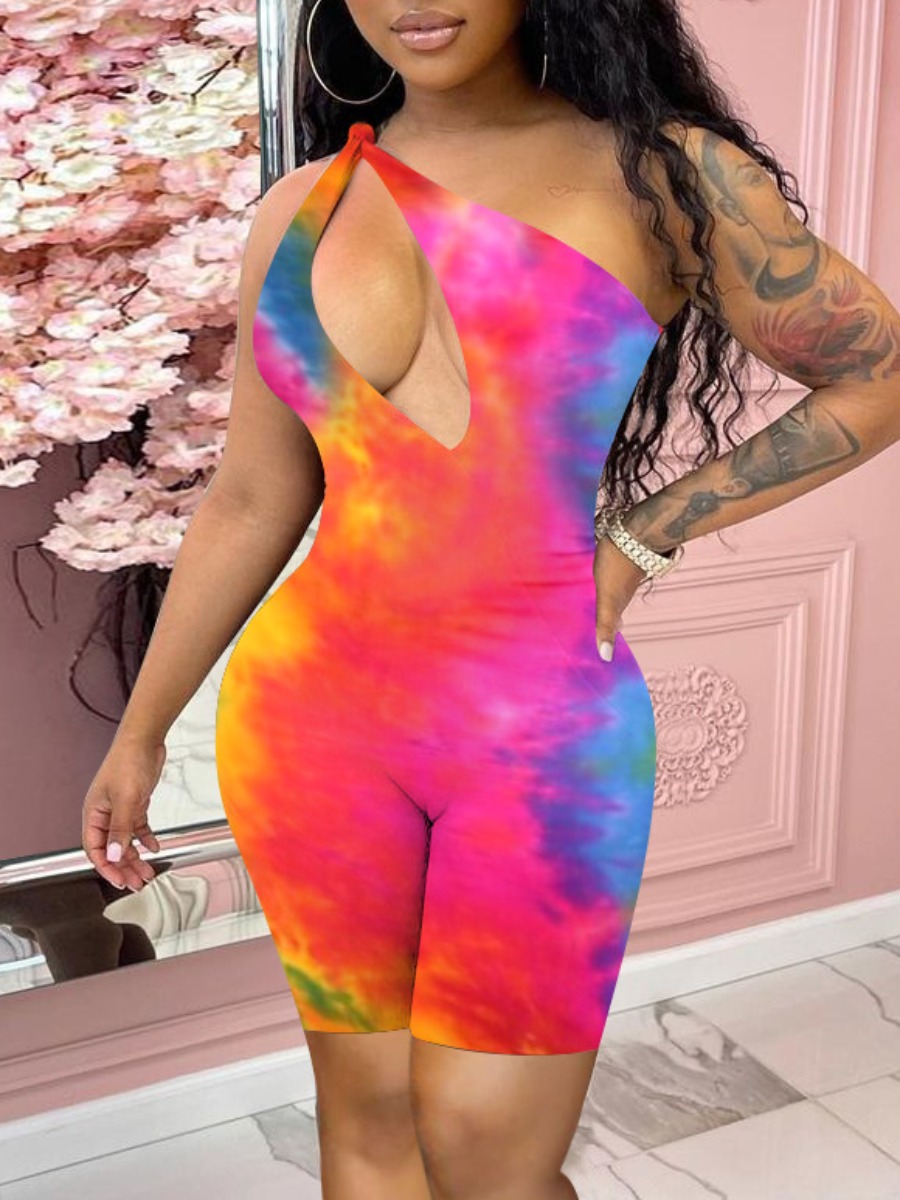 

Lovely Street Tie-dye One Shoulder Hollow-out Rose Red One-piece Romper