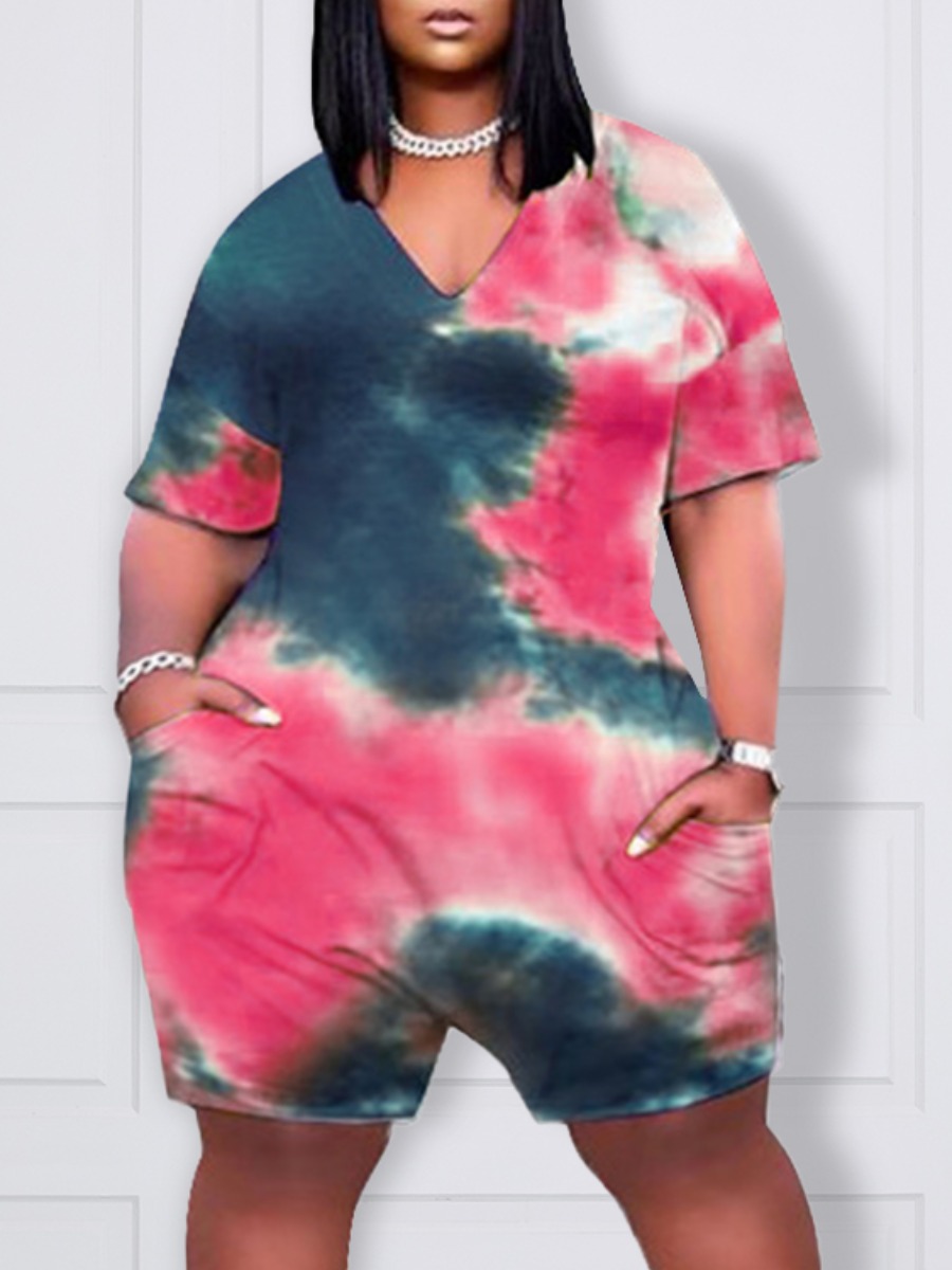 

LW Plus Size Street V Neck Tie-dye Pink One-piece Romper
