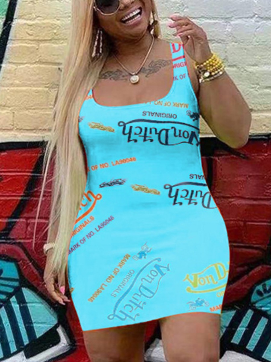 

Lovely Plus Size Casual U Neck Letter Print Blue Mini Dress