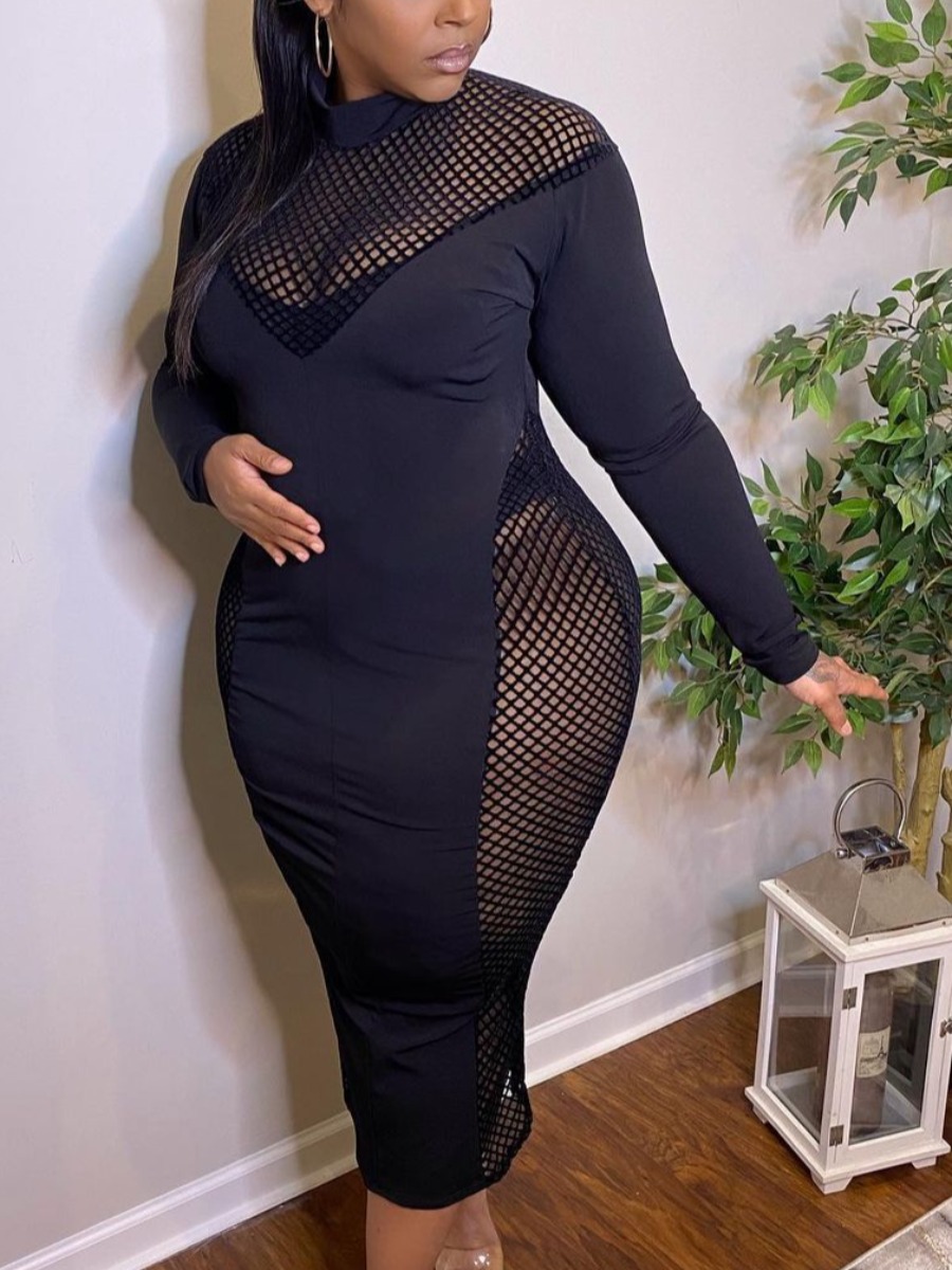 

Lovely Plus Size Sexy Mesh Patchwork Black Mid Calf Dress
