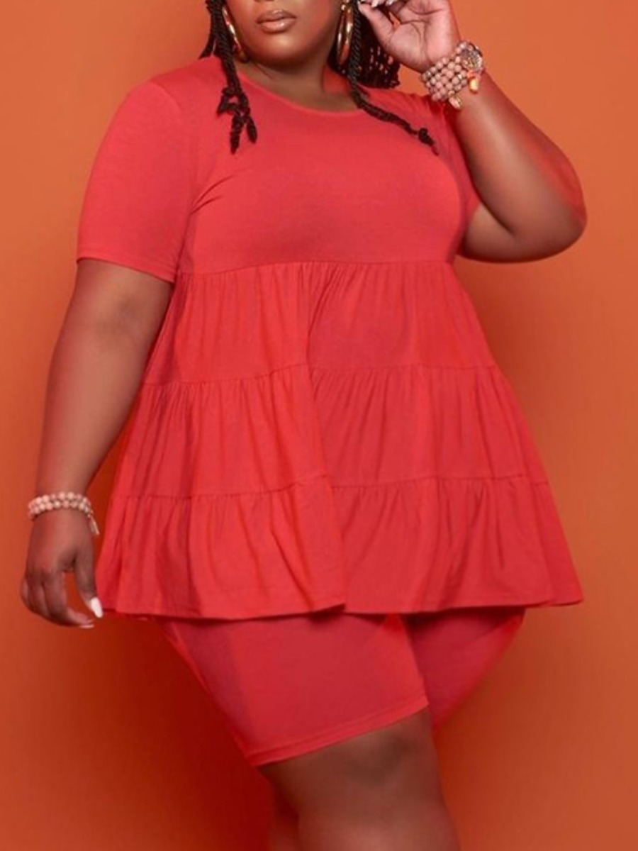 

Lovely Plus Size Casual O Neck Ruffle Design Red Two-piece Shorts Set