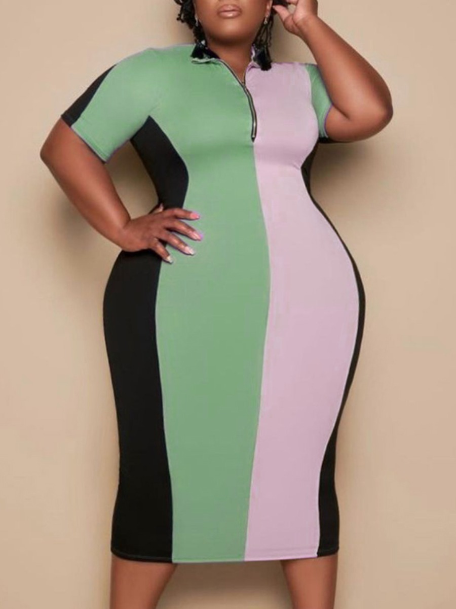 

LW Plus Size Street Striped Patchwork Light Green Knee Length Dress